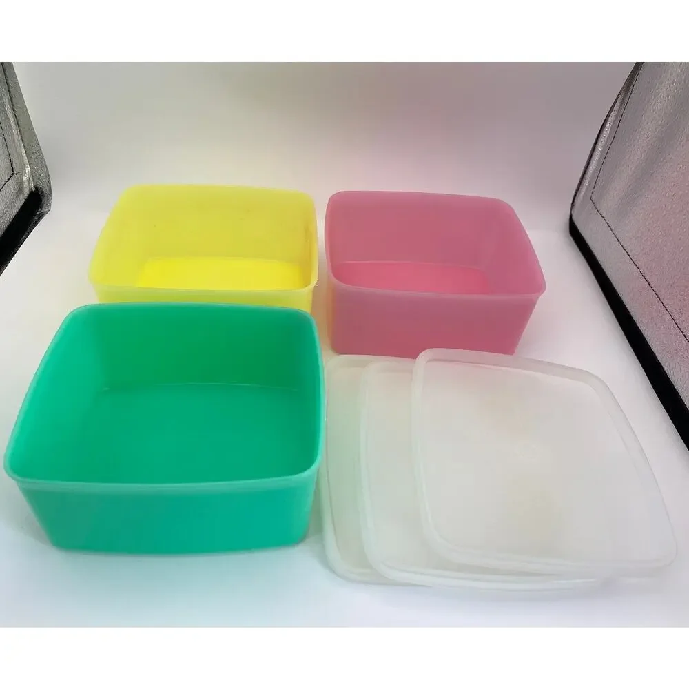 Vintage Tupperware Square Storage Containers #311 Set of 3 Pink Yellow Green